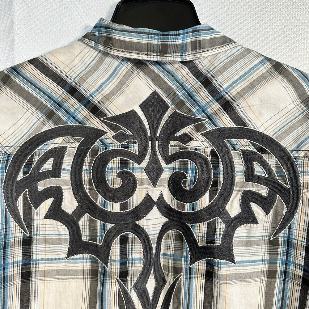 Helix XL Men's Long Sleeve Button Down Shirt Y2K Grunge Goth Embroidered Plaid